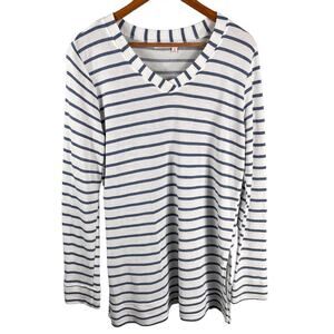 Fresh Produce Shirt Women's Large White Blue Stripe Long Sleeve Pullover V Neck